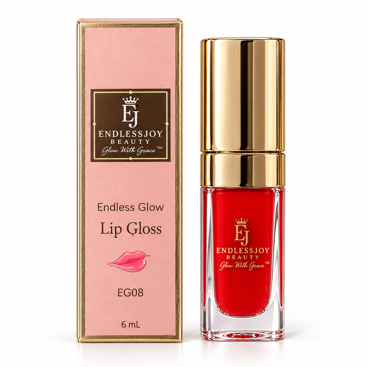 EndlessJoy Beauty Endless Glow high gloss lip gloss EG08, 6 mL bottle and pink carton