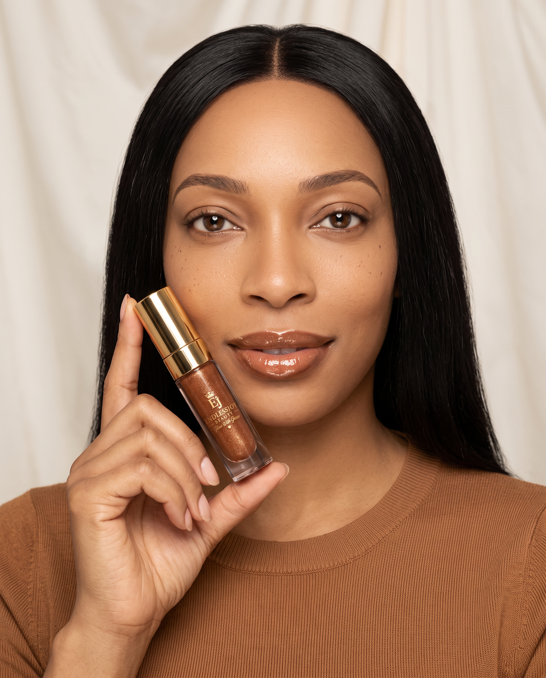 EndlessJoy Beauty campaign portrait with copper shimmer lip gloss